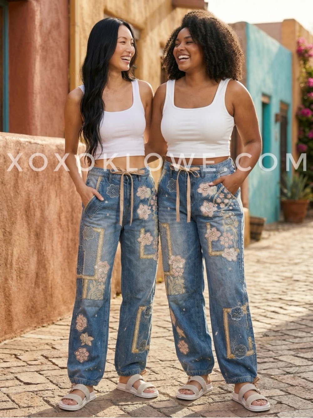 Oli & Hali Patchwork Floral Convertible Jogger Jeans | Straight Leg Denim Pants - Picture 5 of 9